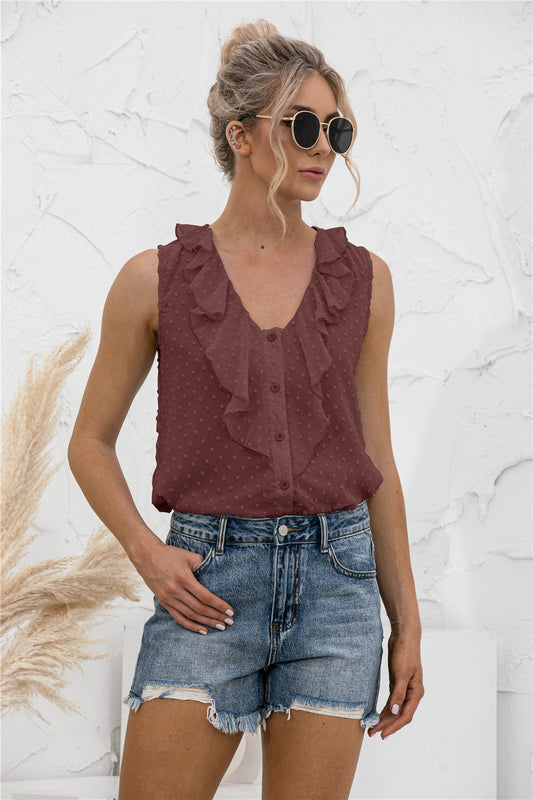 Swiss Dot Ruffled Wide Strap Tank Trendsi