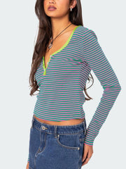 Buttoned Striped Long Sleeve T-Shirt - Trendsi