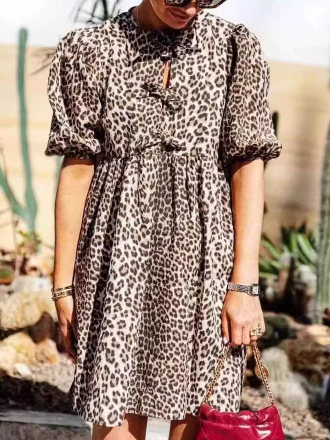 Leopard Short Sleeve Mini Dress - Trendsi