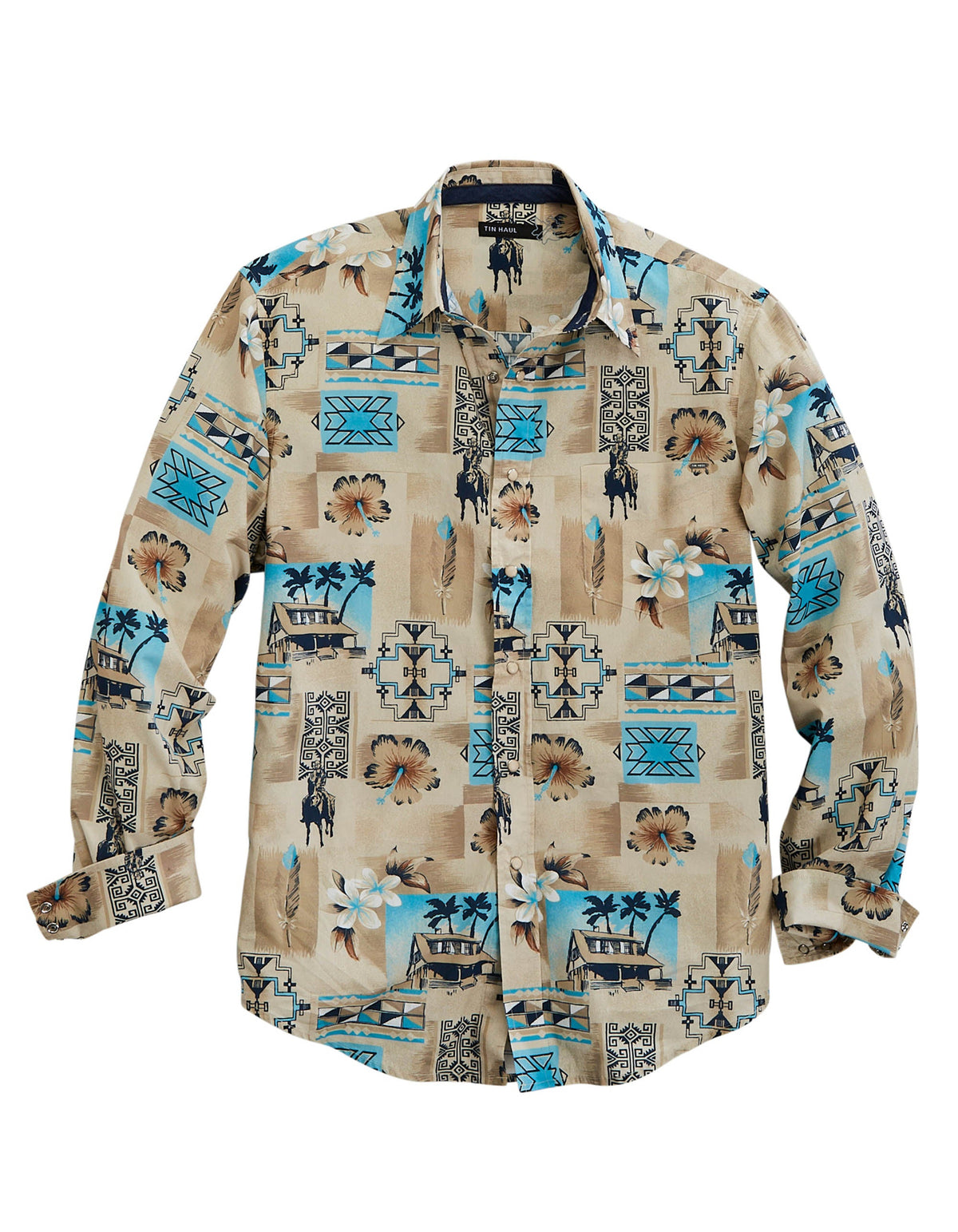 Tin Haul Mens Long Sleeve Snap Tin Haul Tiki Western Shirt