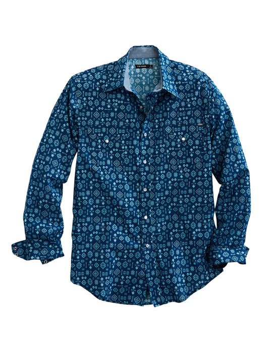 Tin Haul Mens Long Sleeve Snap Indigo Aztec Print Western Shirt