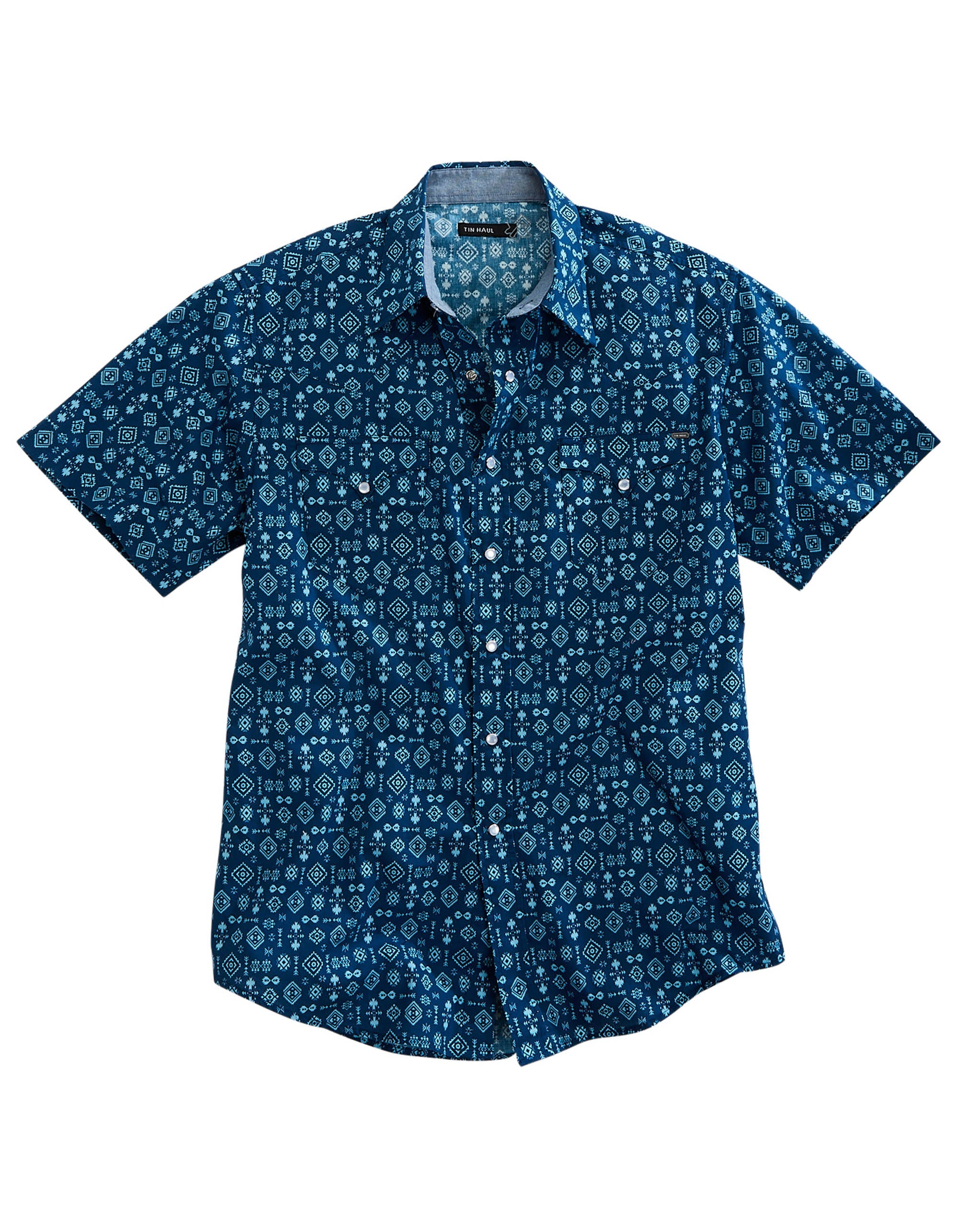 Tin Haul Mens Short Sleeve Snap Indigo Aztec Print Western Shirt