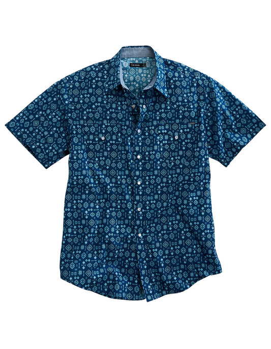 Tin Haul Mens Short Sleeve Snap Indigo Aztec Print Western Shirt