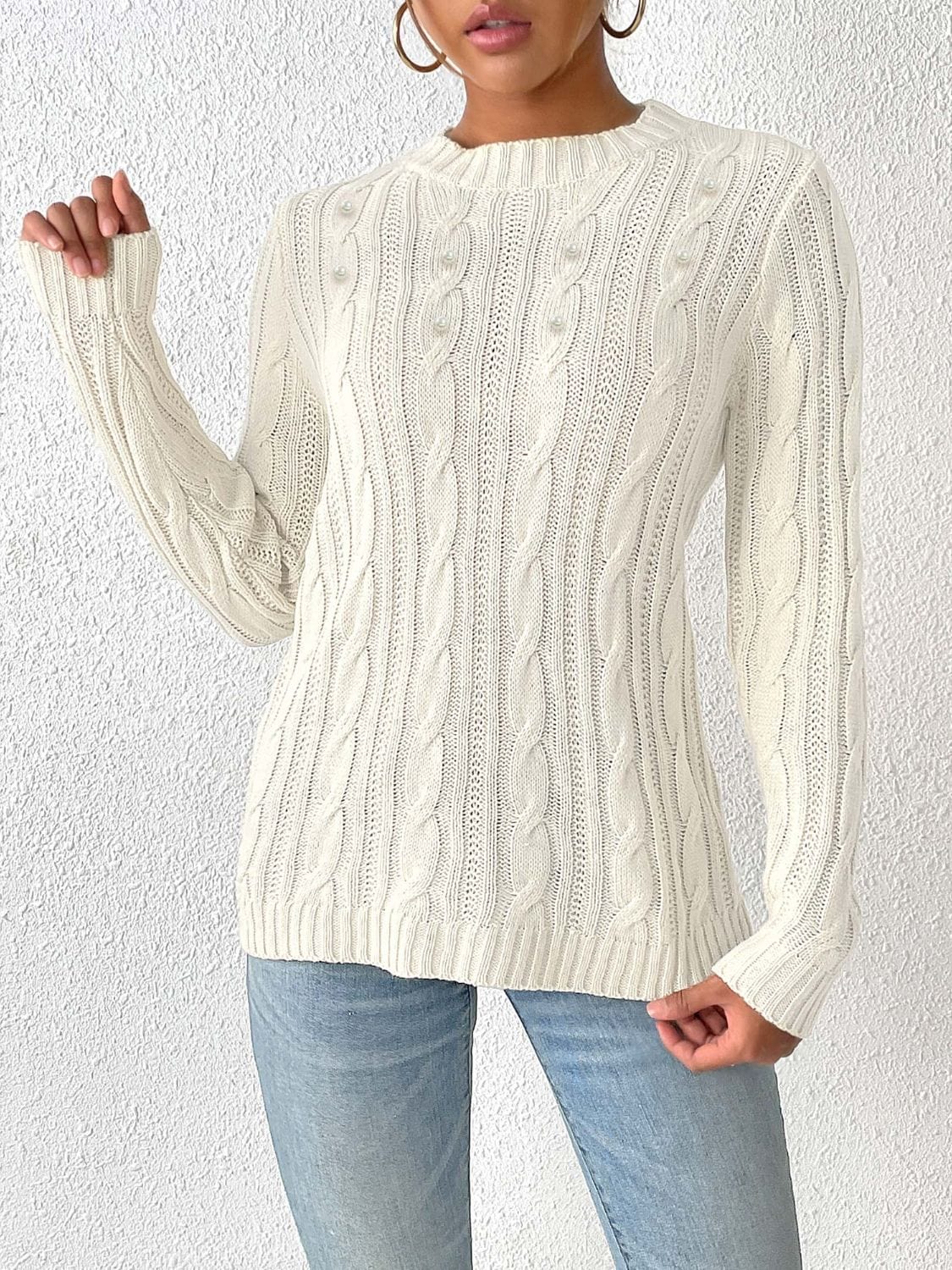 Cable-Knit Round Neck Long Sleeve Sweater - Trendsi