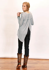 Tin Haul Womens Long Sleeve Pullover Melange Grey Sweater Jersey T Shirt With Three Quarter Sleeves Split Open Back