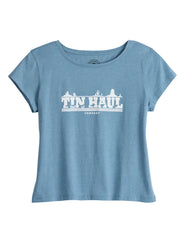 Tin Haul Womens Short Sleeve Tin Haul Running Horse Screen Print Boxy T Shirt With Vintage Wash And Scoop Neck