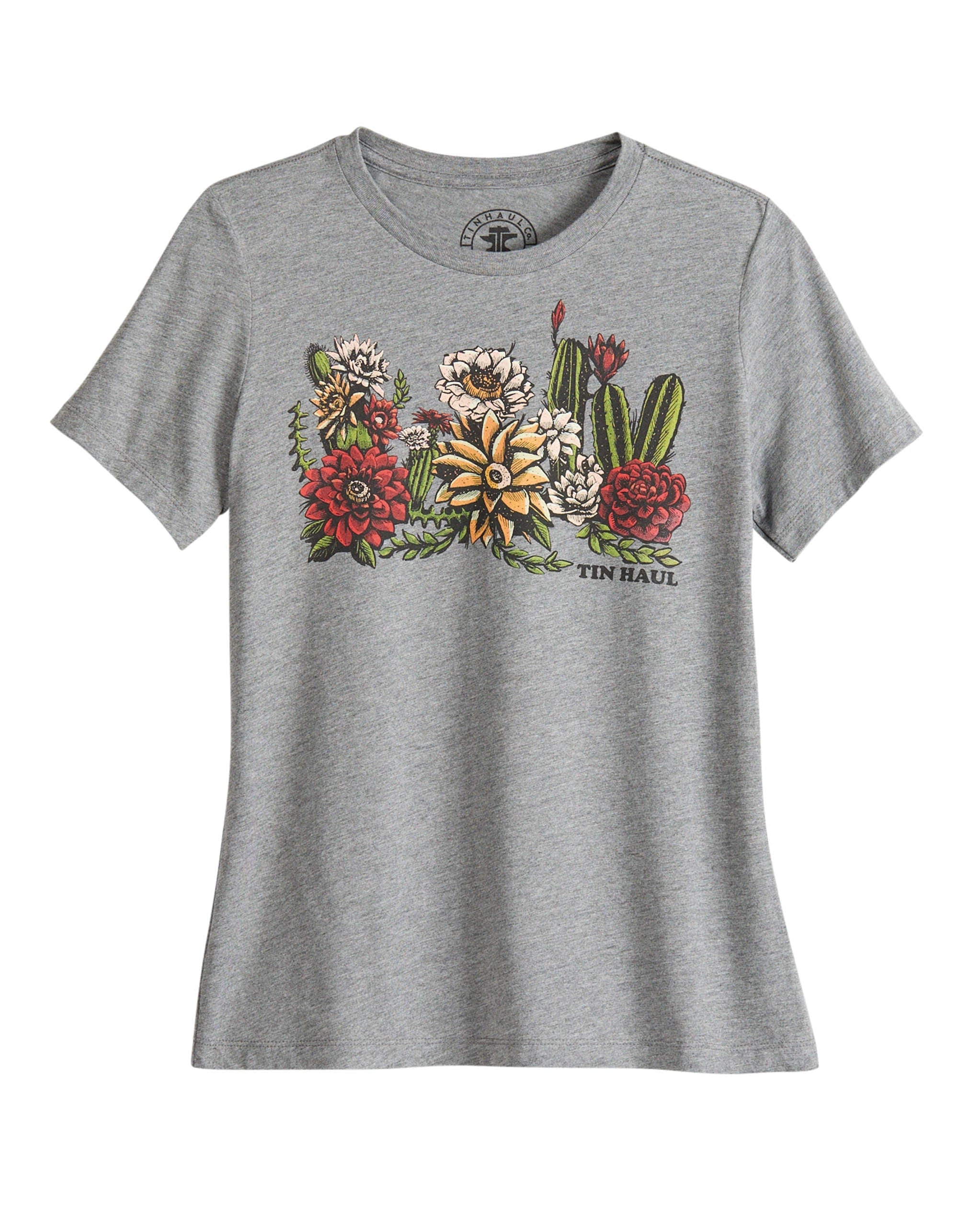 Tin Haul Womens Short Sleeve Tin Haul Cactus Garden Screen Print T Shirt Heather Grey Relax Fit