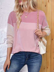 Color Block Round Neck Long Sleeve Sweatshirt - Trendsi