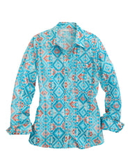 Tin Haul Womens Long Sleeve Snap Turquoise Aztec Print Western Shirt