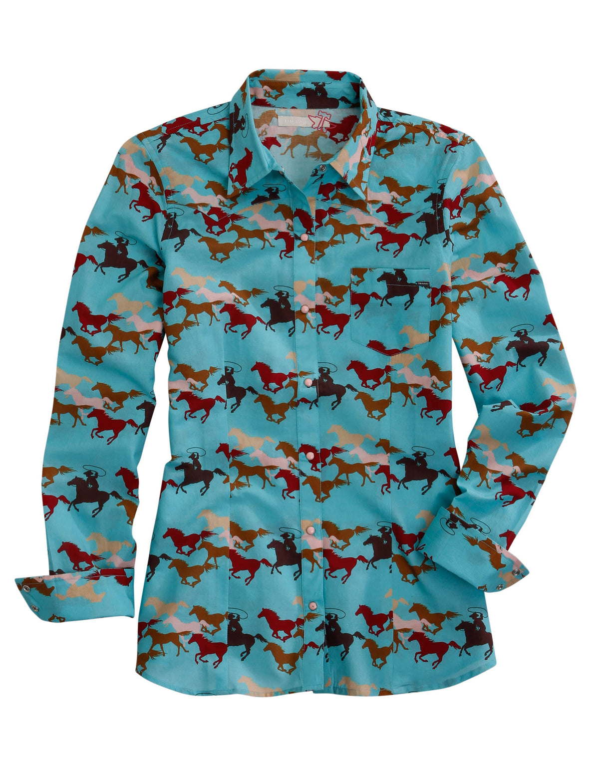 Tin Haul Womens Long Sleeve Snap Wild Mustang Print Western Shirt