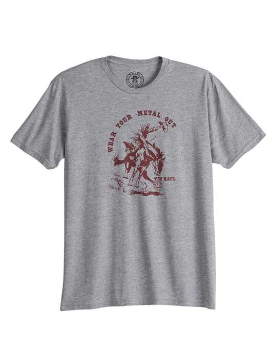 Tin Haul Unisex Short Sleeve Wear Your Metal Out Bronc Rider T Shirt With Triblend Premium Heather Grey