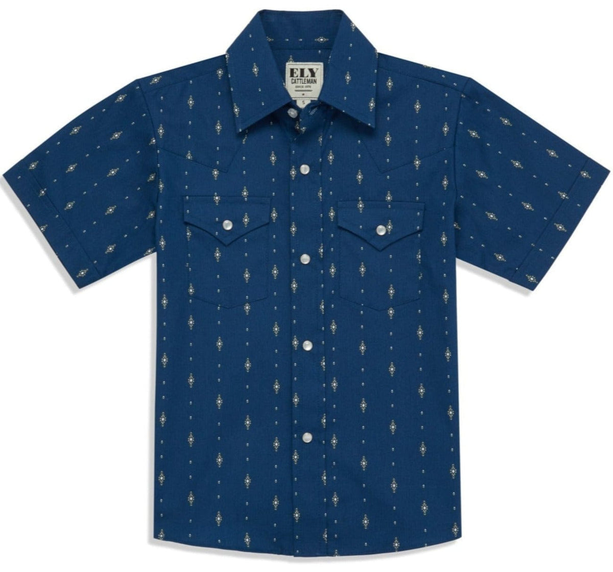 Boy's Ely Cattleman Short Sleeve Diamond Aztec Print Snap Shirt- Navy & White - Ely Cattleman