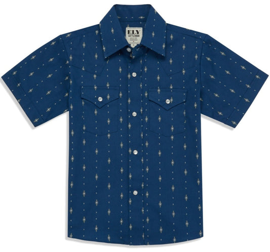 Boy's Ely Cattleman Short Sleeve Diamond Aztec Print Snap Shirt- Navy & White