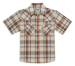 Boy's Ely Cattleman Short Sleeve Plaid Western Snap Shirt - Brown & Blue