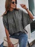 Tied Printed Mock Neck Half Sleeve Blouse - Flyclothing LLC