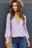 Eyelet V-Neck Long Sleeve Blouse - Flyclothing LLC