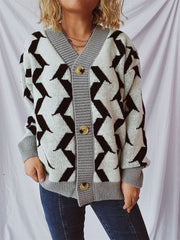 Contrast Trim Geometric V-Neck Long Sleeve Cardigan - Trendsi