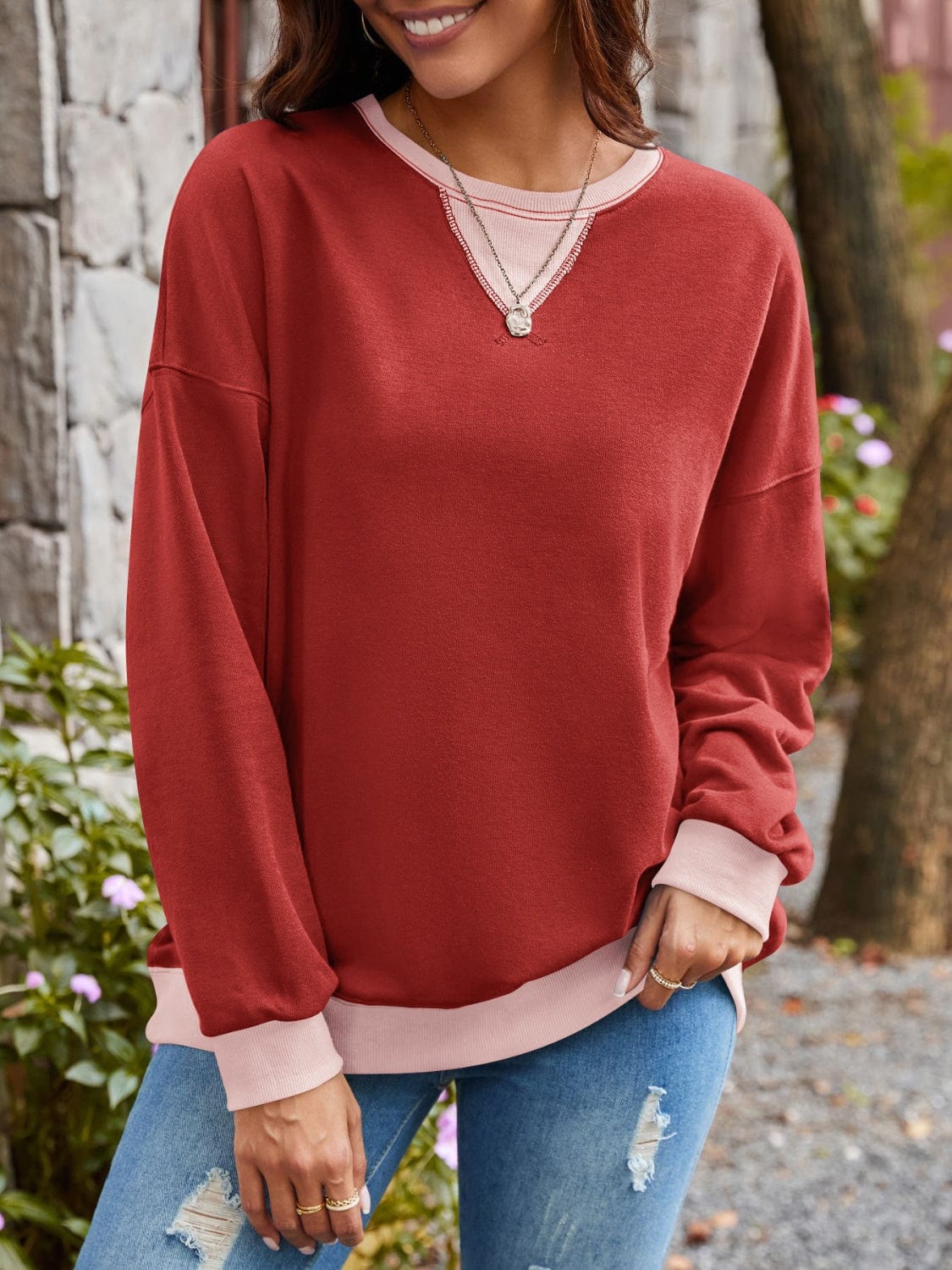 Contrast Round Neck Long Sleeve Sweatshirt - Trendsi