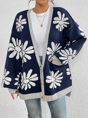 Contrast Dropped Shoulder Long Sleeve Cardigan - Trendsi