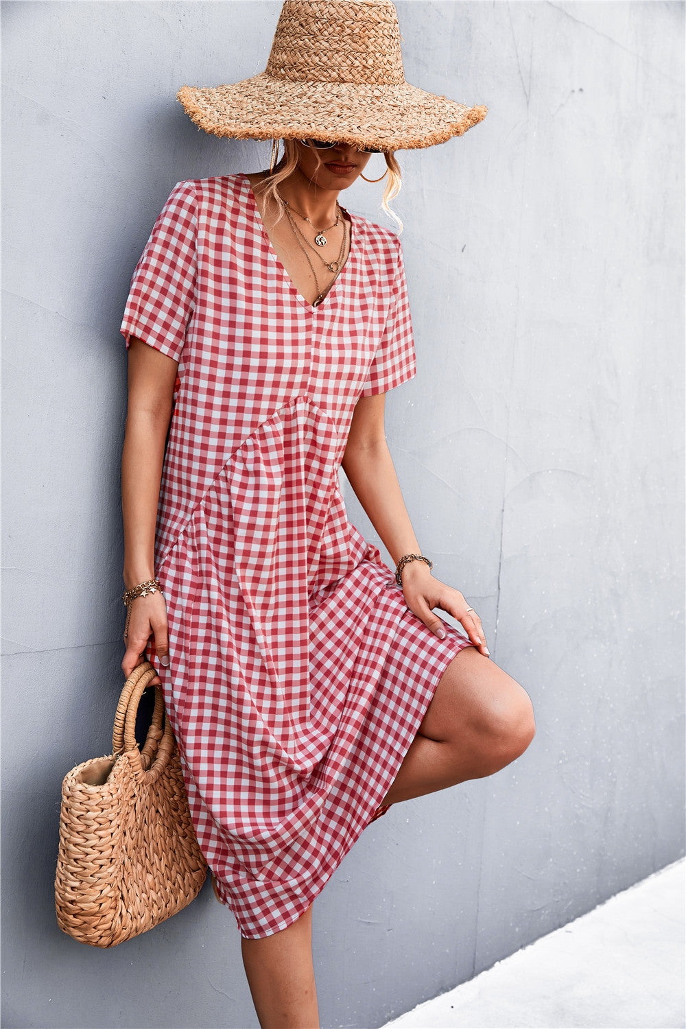 Plaid V-Neck Short Sleeve Dress Trendsi