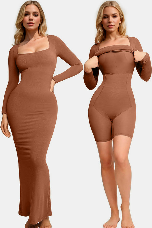 Basic Bae Built-In Shapewear Square Neck Long Sleeve Maxi Dress - Trendsi