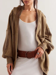 Exposed Seam Open Front Batwing Sleeve Hooded Cardigan - Trendsi