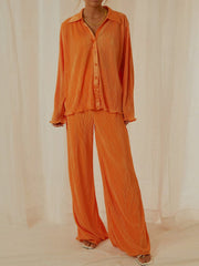 Collared Neck Long Sleeve Top and Pants Lounge Set - Trendsi