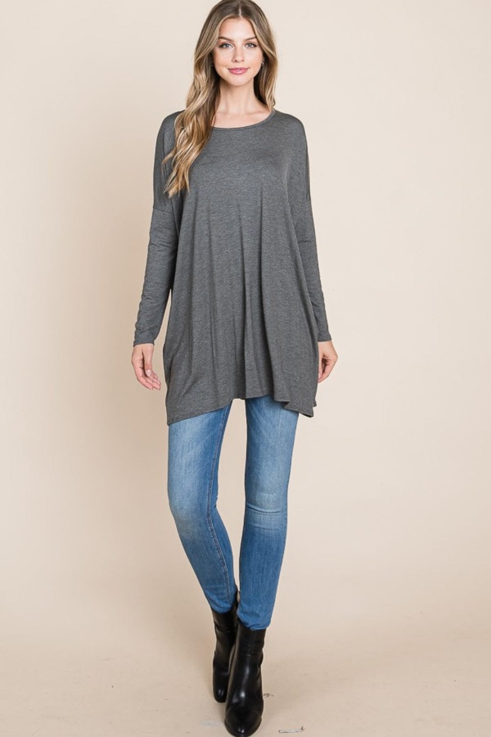 BOMBOM Round Neck Long Sleeve Oversized Top - Trendsi