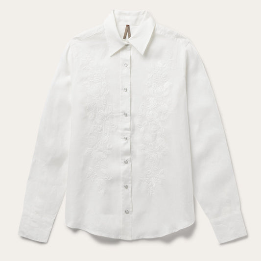 Stetson Floral Embroidered White Linen Shirt