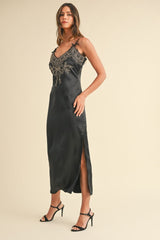 Mable Embroidered Cami Satin Midi Slit Dress - Trendsi