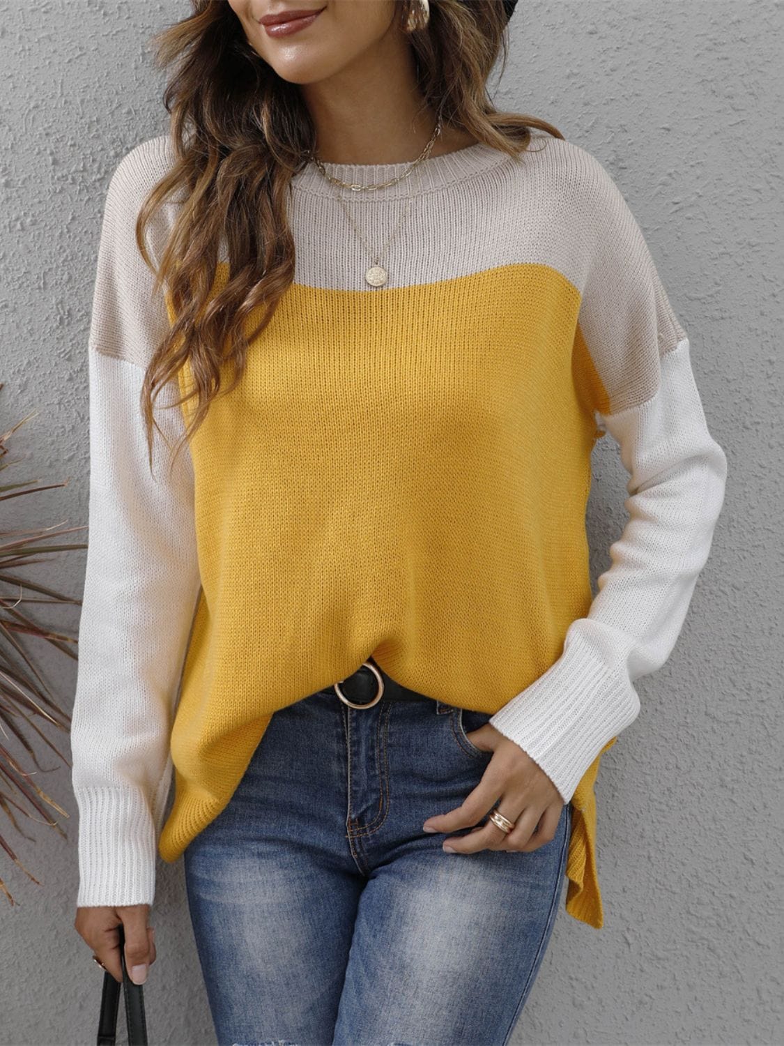 Color Block Round Neck Sweater - Trendsi