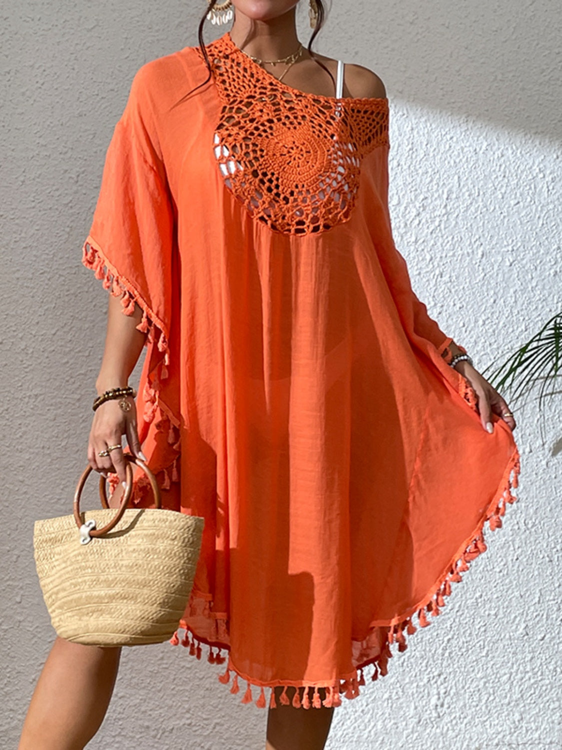 Tassel Cutout Scoop Neck Cover-Up Dress - Flyclothing LLC