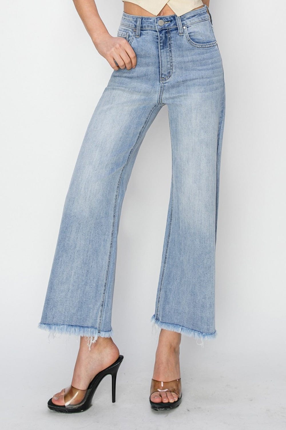 RISEN High Rise Crop Wide Fray Hem Jeans - Trendsi