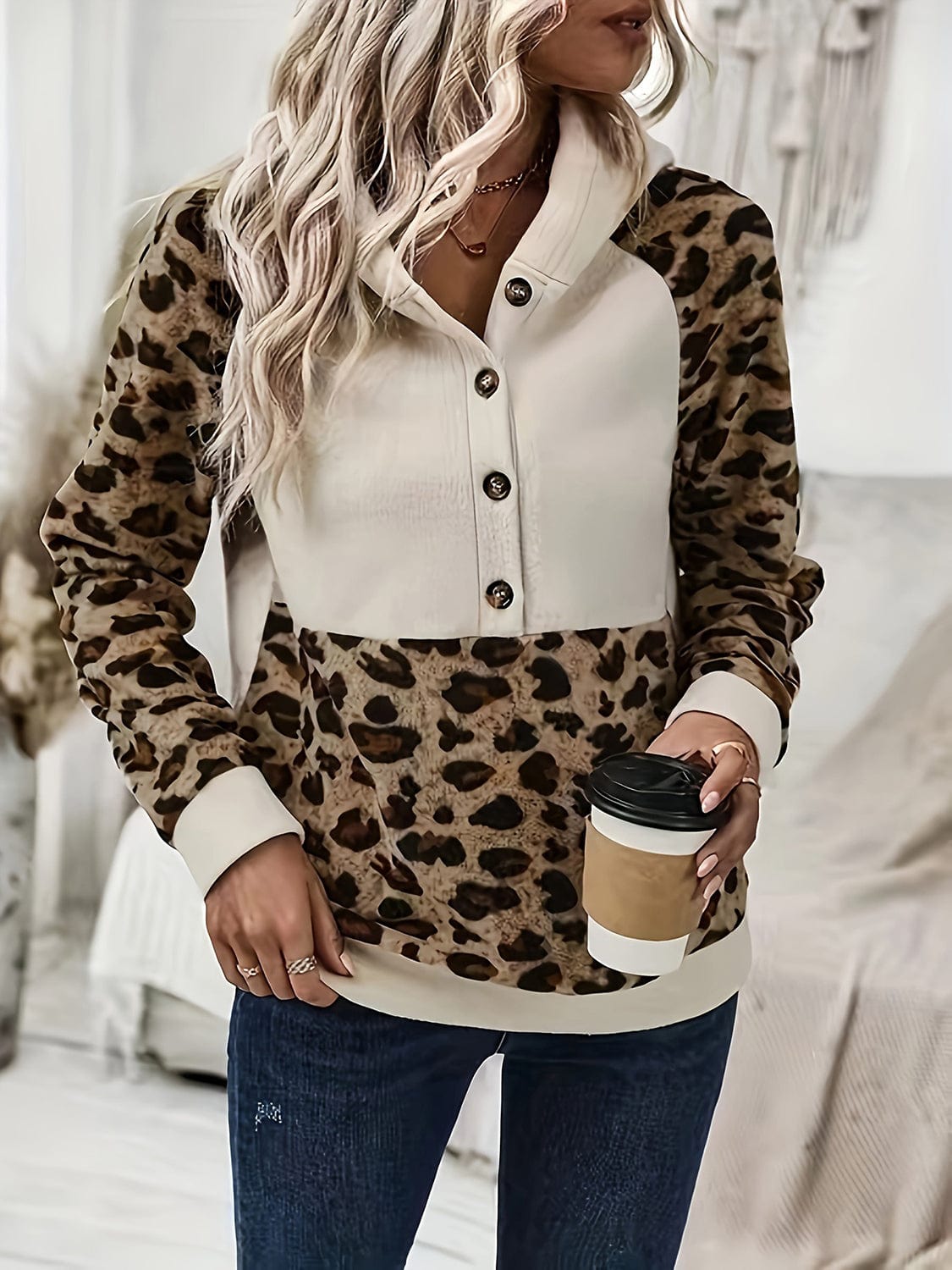 Leopard Half Button Long Sleeve Hoodie - Trendsi