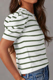 Striped Round Neck Puff Sleeve Knit Top - Flyclothing LLC