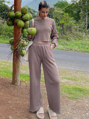 Waffle-Knit Round Neck Top and Pants Set Trendsi