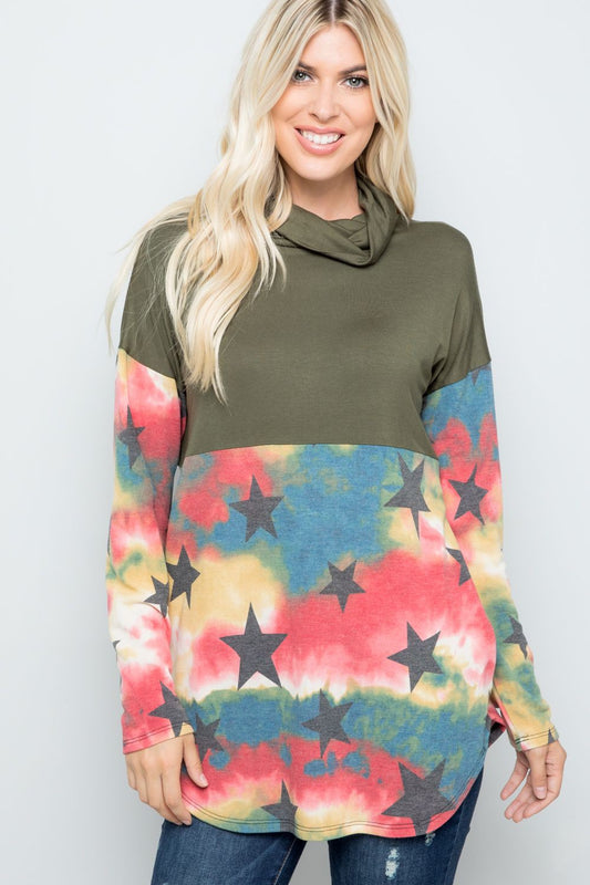 Celeste Full Size Tie-Dye Star Print Long Sleeve Blouse - Trendsi