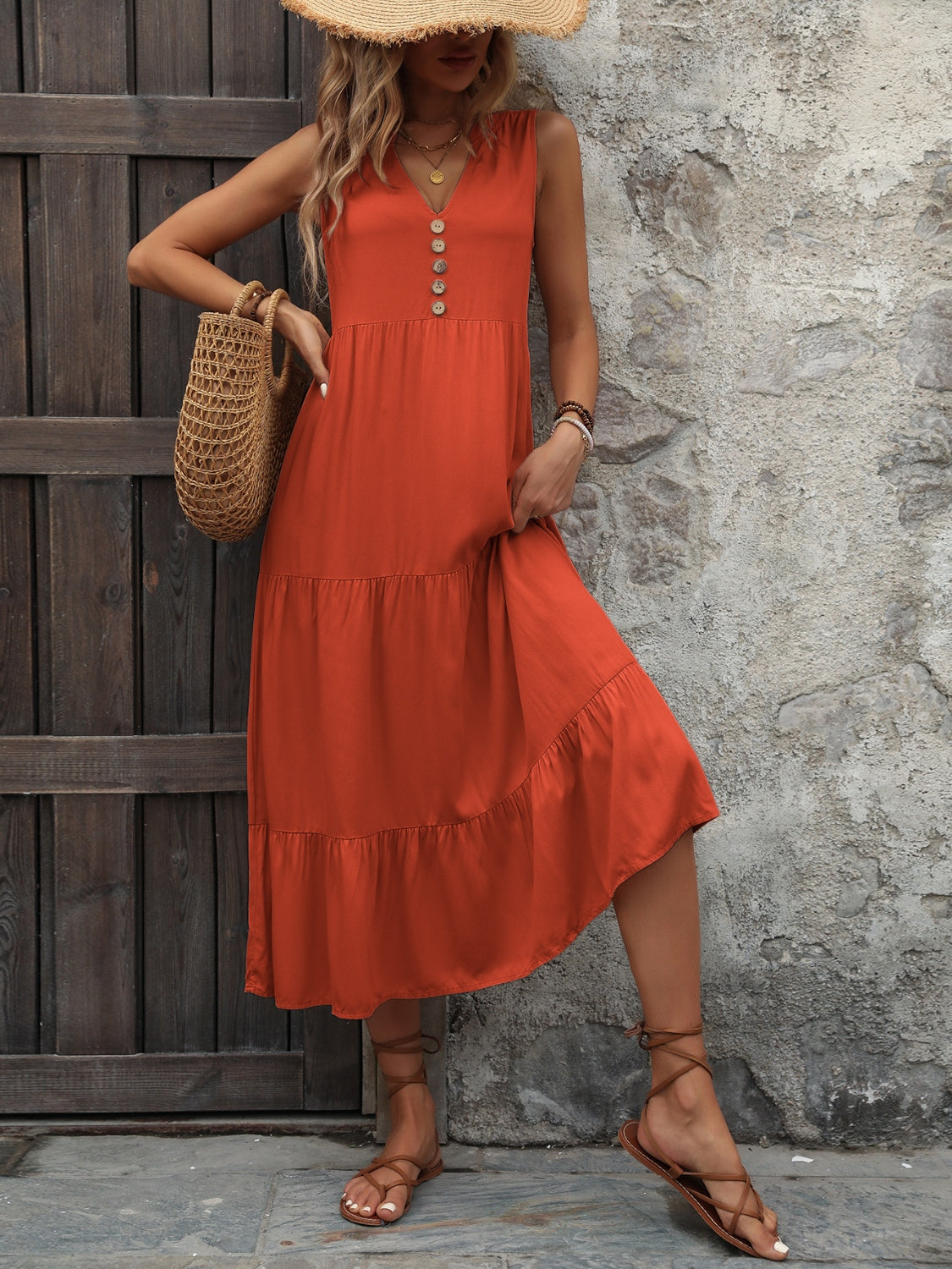 Decorative Button Notched Sleeveless Dress - Trendsi