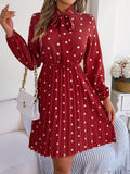 Polka Dot Tie Neck Pleated Dress - Flyclothing LLC