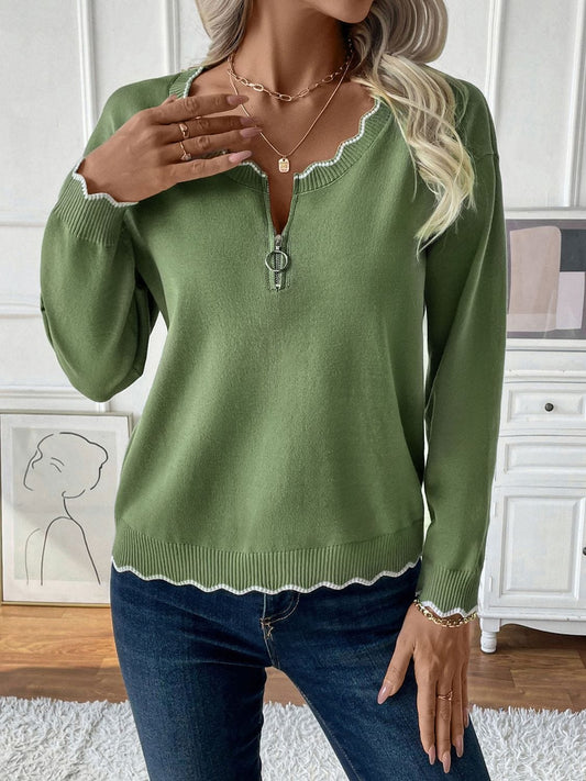 Contrast Trim Quarter Zip Long Sleeve Knit Top - Trendsi