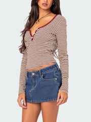 Buttoned Striped Long Sleeve T-Shirt - Trendsi