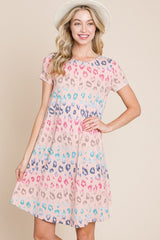 BOMBOM Leopard Round Neck Short Sleeve Dress - Trendsi