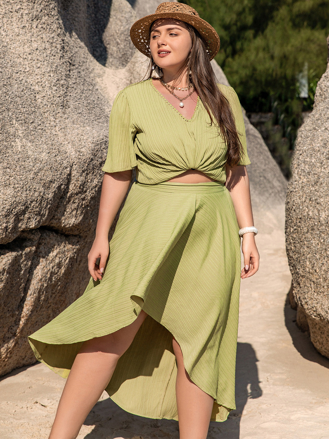 Plus Size V-Neck Half Sleeve Top and High-Low Skirt Set Trendsi