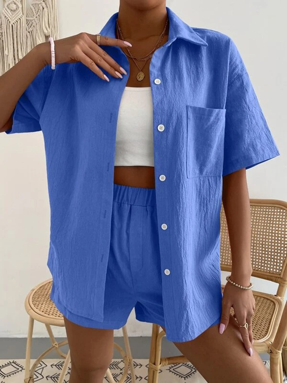 Button Up Short Sleeve Shirt and Shorts Set - Flyclothing LLC