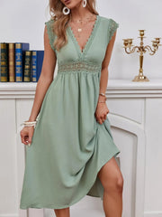 Lace Detail V-Neck Cap Sleeve Dress - Trendsi