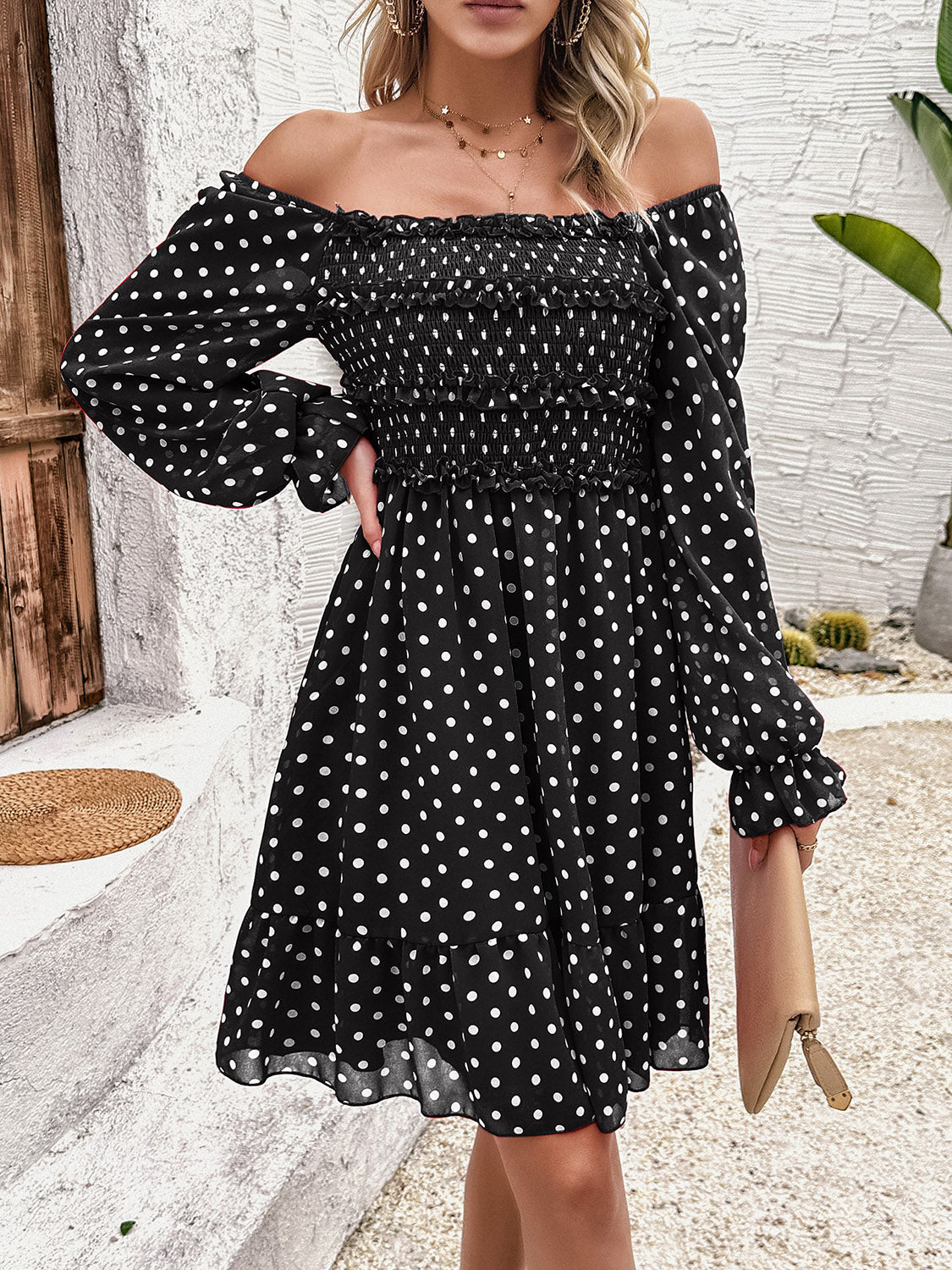 Smocked Polka Dot Long Sleeve Dress - Flyclothing LLC