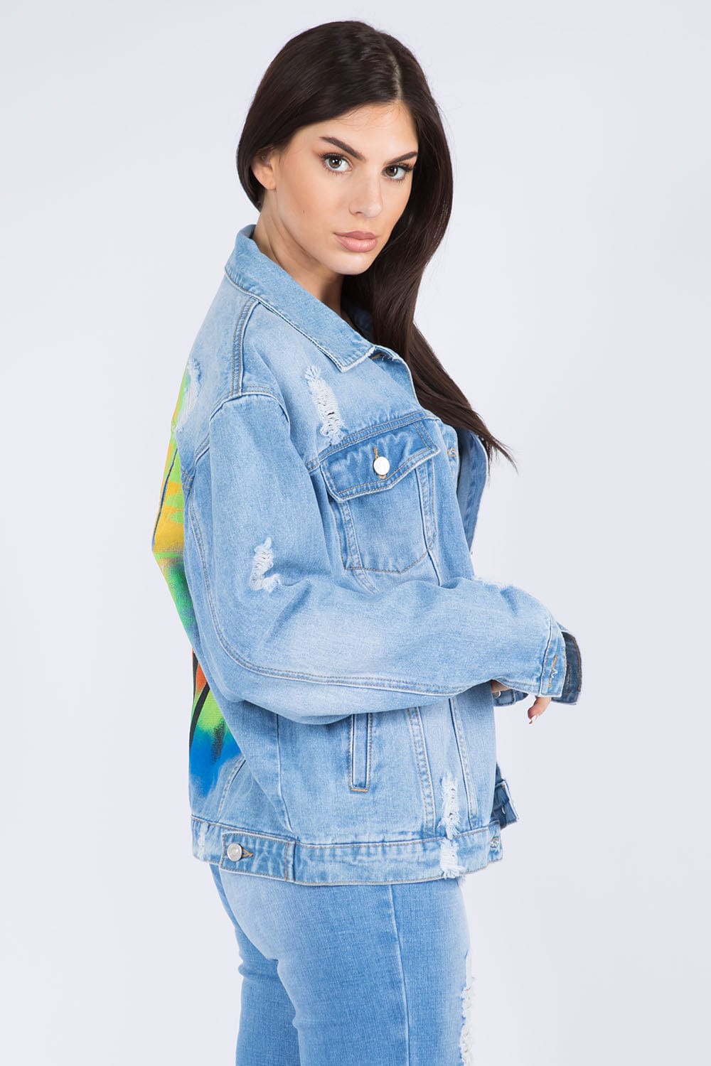 American Bazi Full Size Painted Back Distressed Denim Jacket - Trendsi