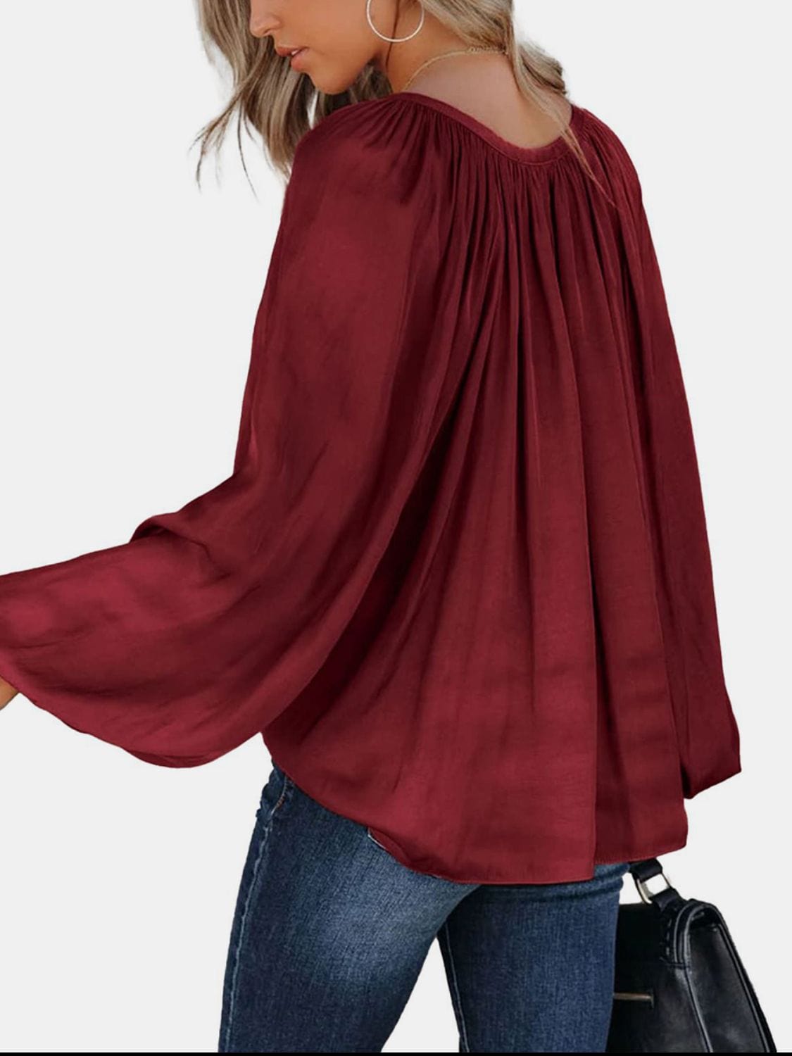 Ruched Tie Neck Balloon Sleeve Blouse - Trendsi