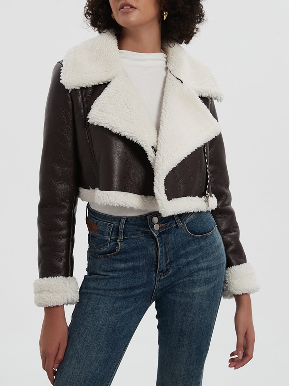 Collared Neck Long Sleeve Plush Cropped Jacket - Trendsi