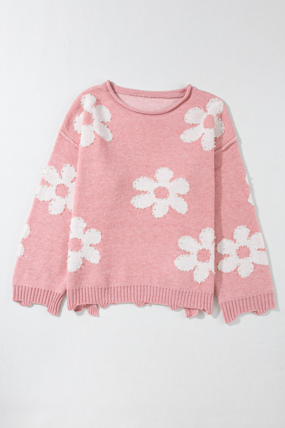 Pearl Trim Flower Round Neck Sweater